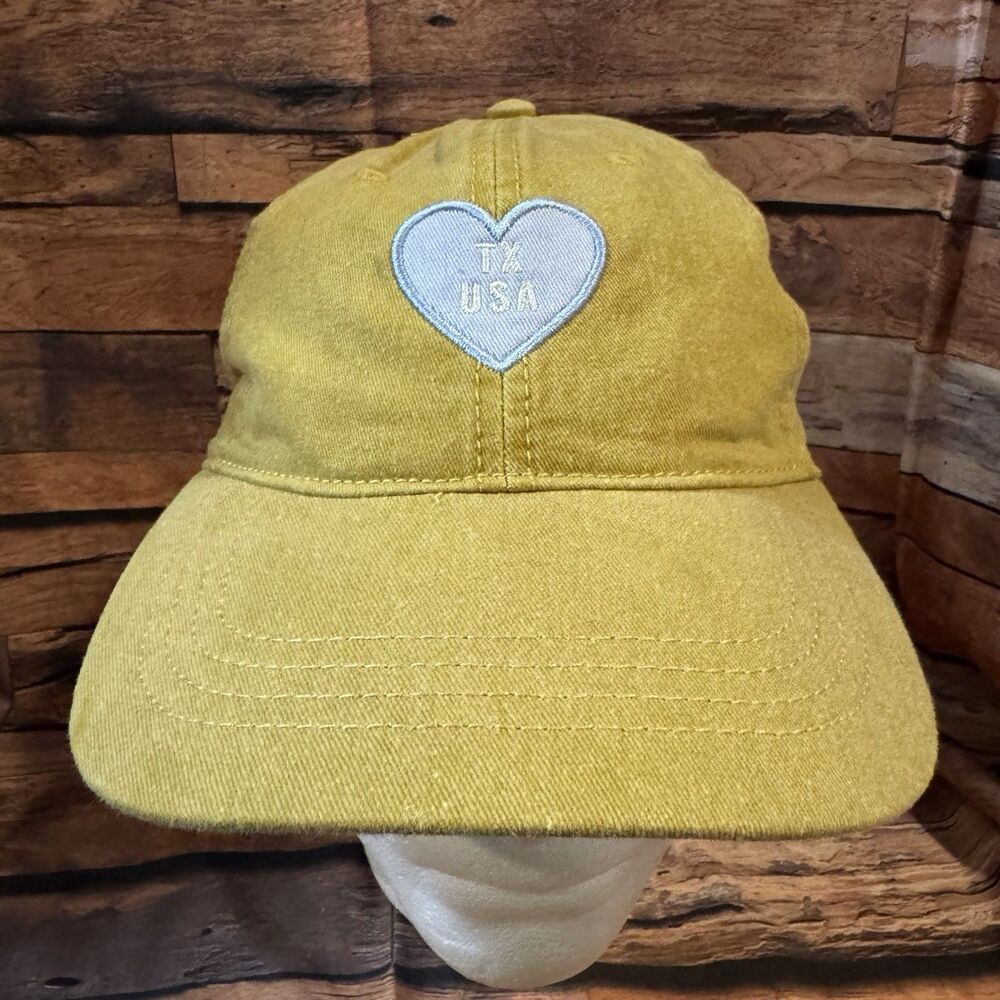 Home Free Texas Hat Mustard Yellow TX USA Heart Striped Brim Adjustable Cap NWT